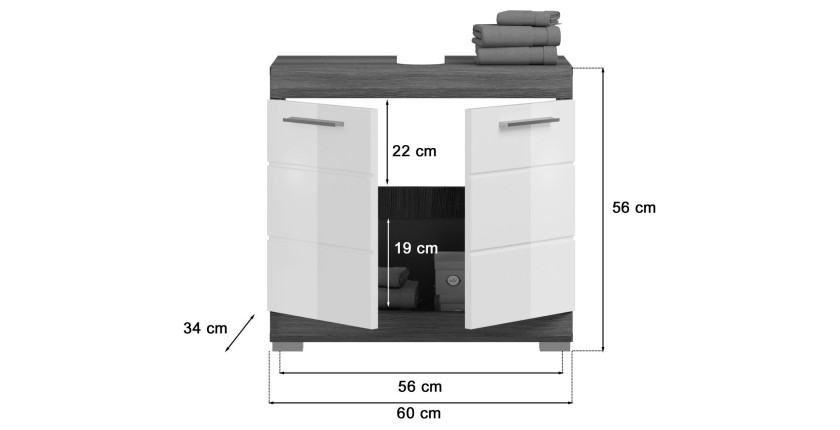 Meuble sous vasque SCOTT – 2 portes – Gris foncé et blanc – 60x56x34 cm