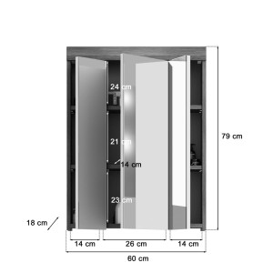 Meuble de rangement haut SCOTT – 3 portes avec miroir – Gris foncé et blanc – 60x79x18 cm