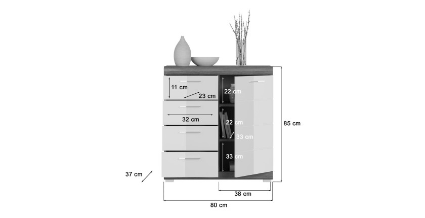 Buffet SCOTT – 4 tiroirs et 1 porte – Gris foncé et blanc – 80x85x37 cm