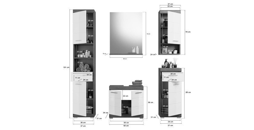 Ensemble salle de bain SCOTT – Meuble sous vasque, miroir, colonne et 2 demi-colonnes – Gris foncé et blanc