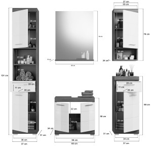 Ensemble salle de bain SCOTT – Meuble sous vasque, miroir, colonne et 2 demi-colonnes – Gris foncé et blanc