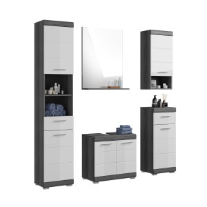 Ensemble salle de bain SCOTT – Meuble sous vasque, miroir, colonne et 2 demi-colonnes – Gris foncé et blanc