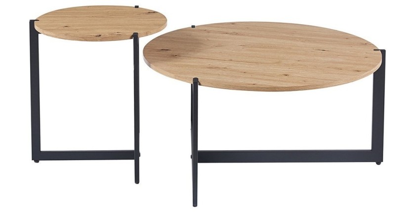 Lot de deux table basses rondes style industriel collection BIANCA - Coloris chêne clair et noir.