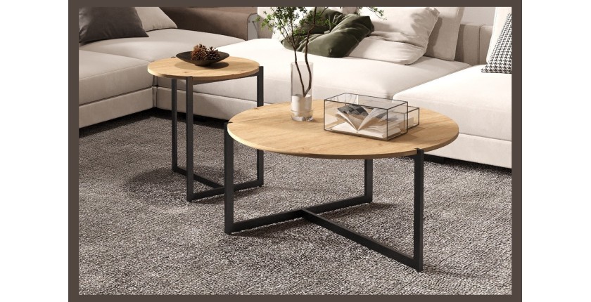 Lot de deux table basses rondes style industriel collection BIANCA - Coloris chêne clair et noir.