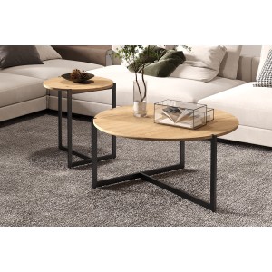 Lot de deux table basses rondes style industriel collection BIANCA - Coloris chêne clair et noir.